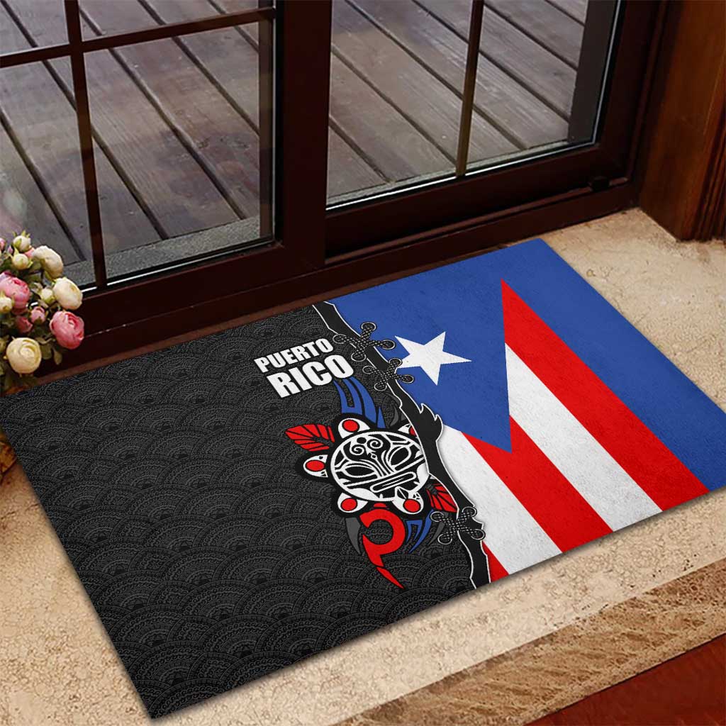 Puerto Rico Rubber Doormat with Tribal Sun Symbol and Flag Color Block Design