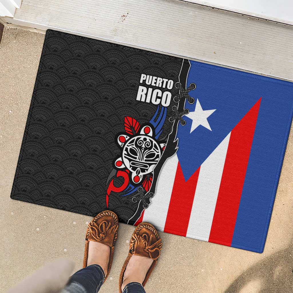 Puerto Rico Rubber Doormat with Tribal Sun Symbol and Flag Color Block Design