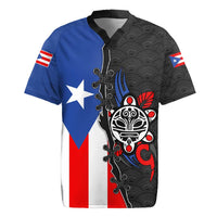 Puerto Rico Rugby Jersey with Tribal Sun Symbol and Flag Color Block Design