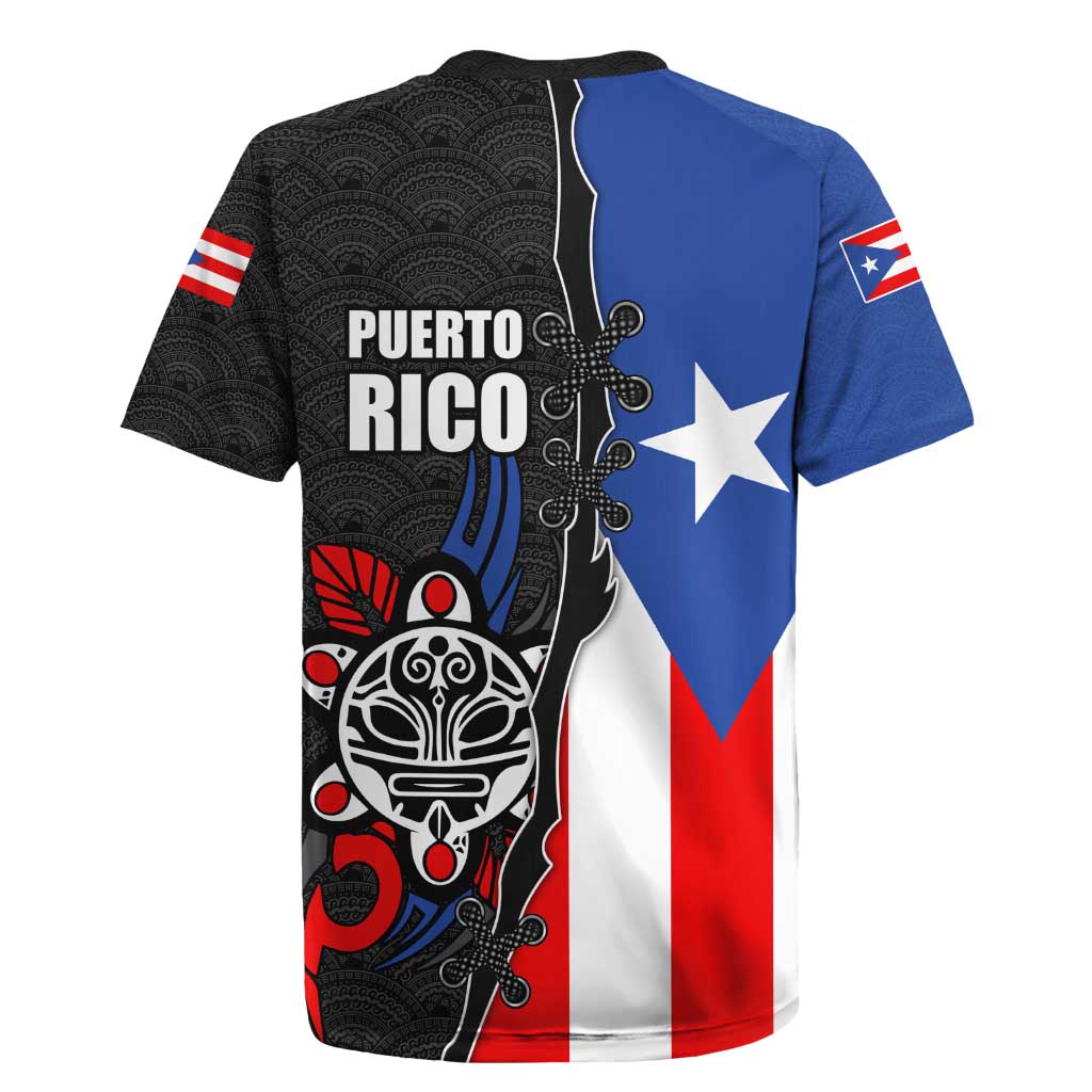 Puerto Rico Rugby Jersey with Tribal Sun Symbol and Flag Color Block Design