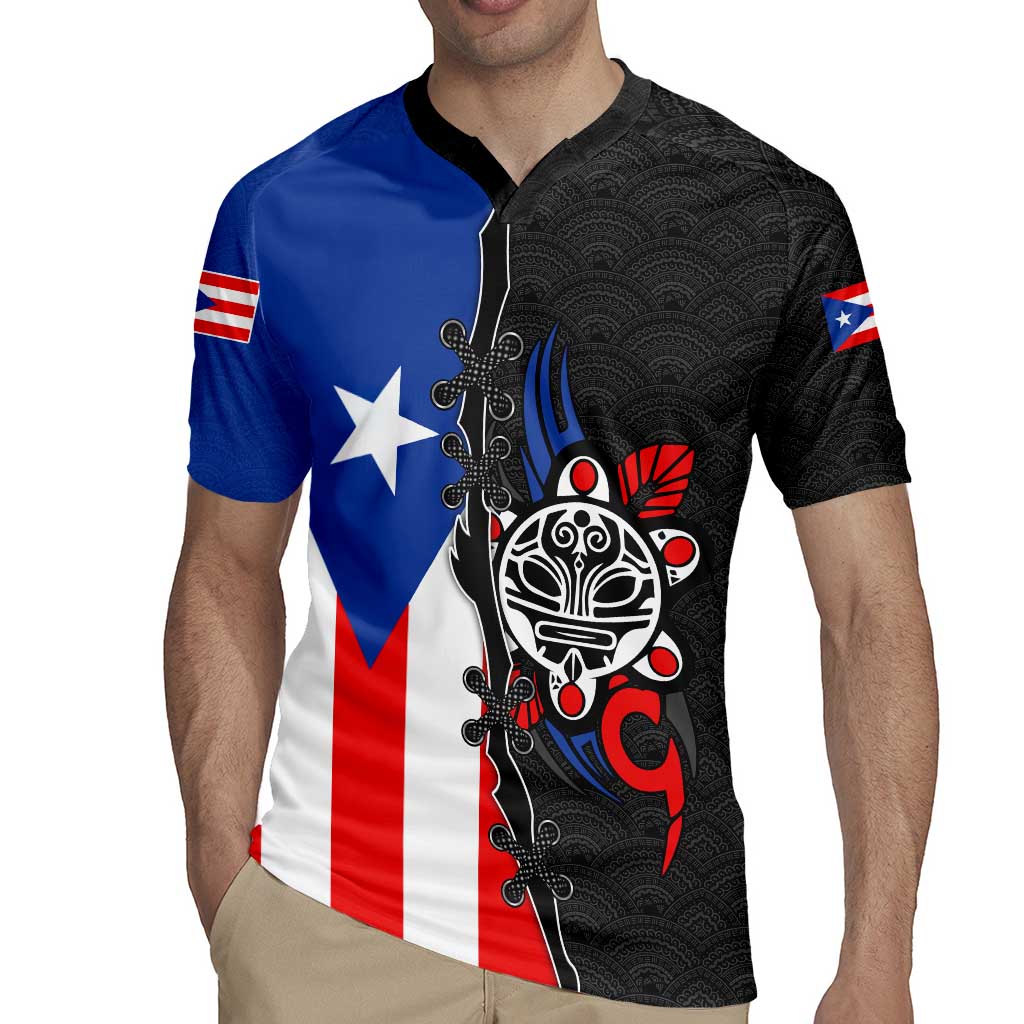 Puerto Rico Rugby Jersey with Tribal Sun Symbol and Flag Color Block Design