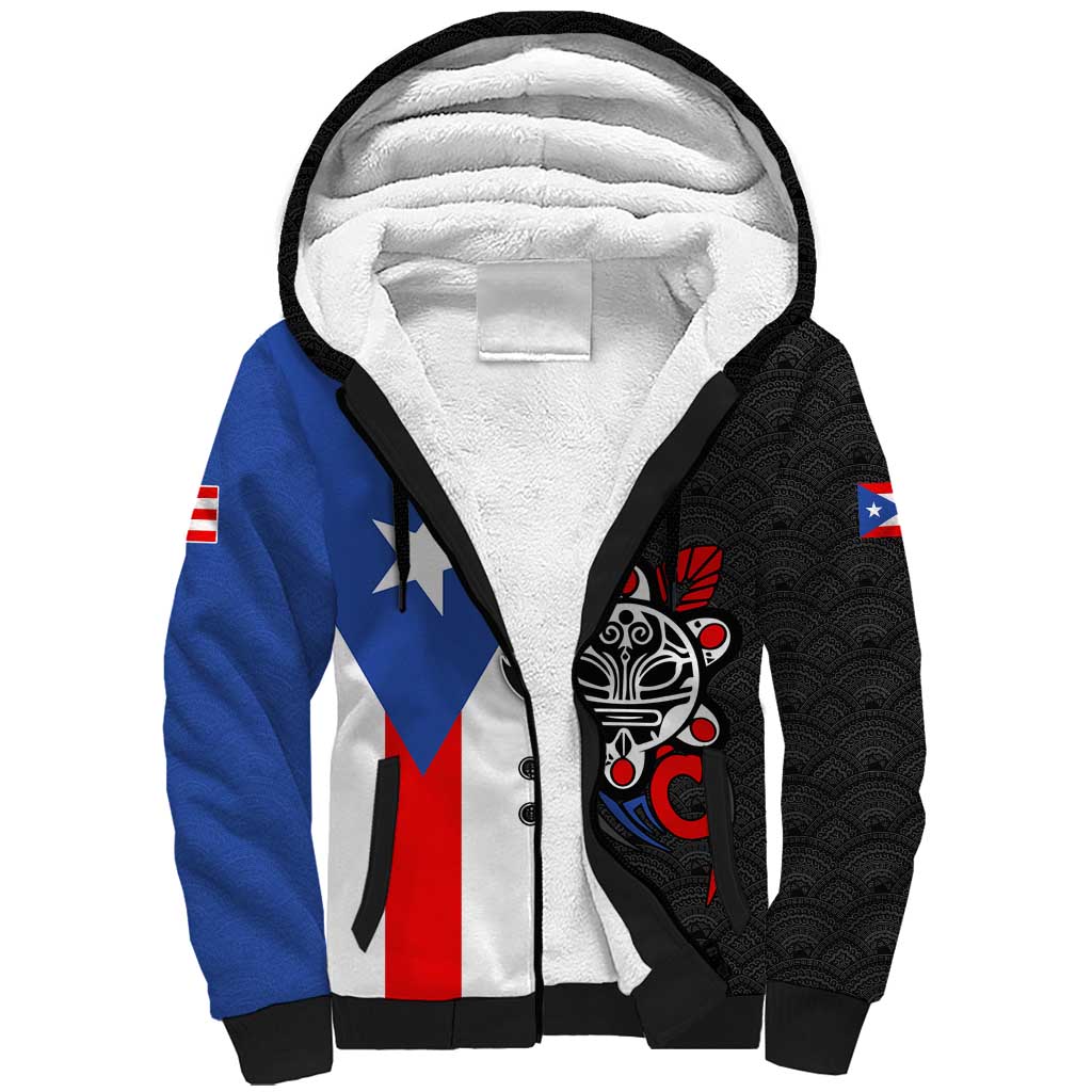 Puerto Rico Sherpa Hoodie with Tribal Sun Symbol and Flag Color Block Design