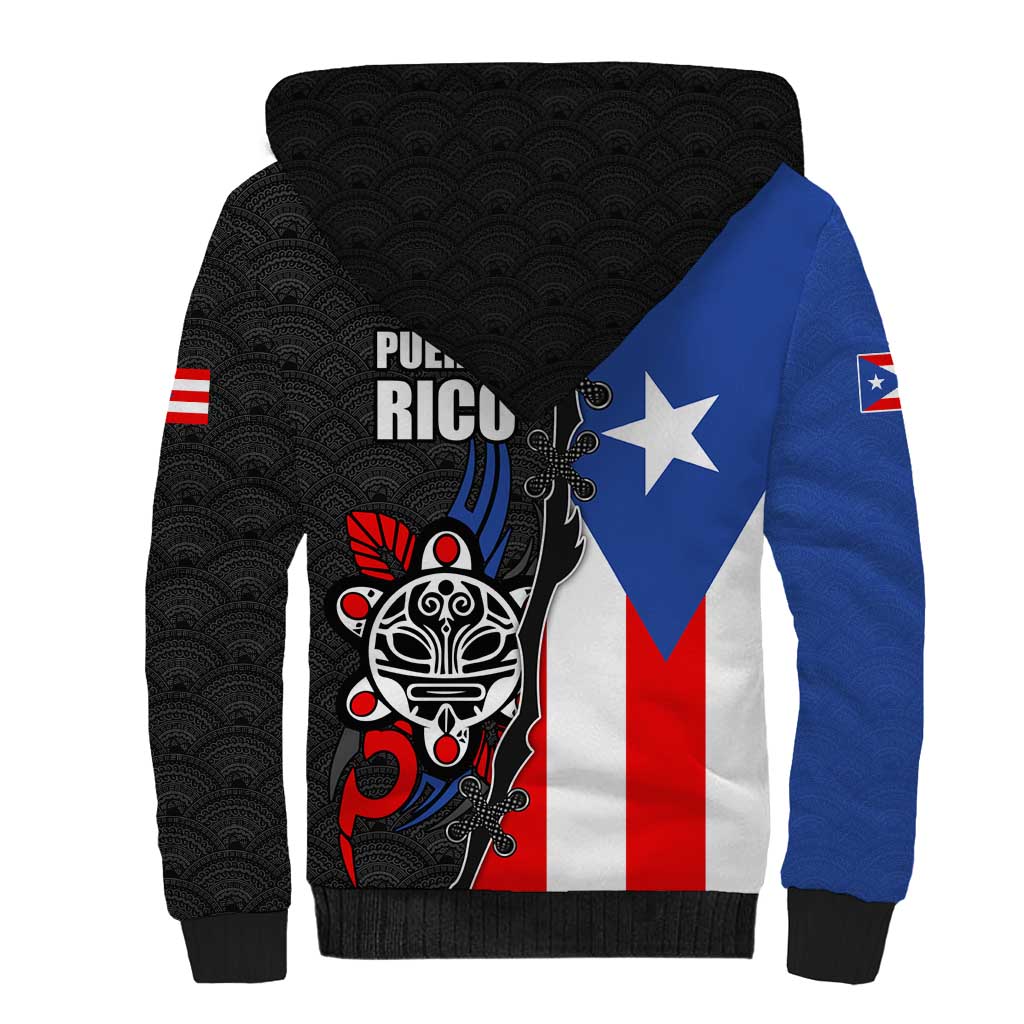 Puerto Rico Sherpa Hoodie with Tribal Sun Symbol and Flag Color Block Design
