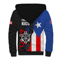 Puerto Rico Sherpa Hoodie with Tribal Sun Symbol and Flag Color Block Design