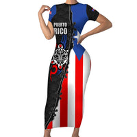 Puerto Rico Short Sleeve Bodycon Dress with Tribal Sun Symbol and Flag Color Block Design