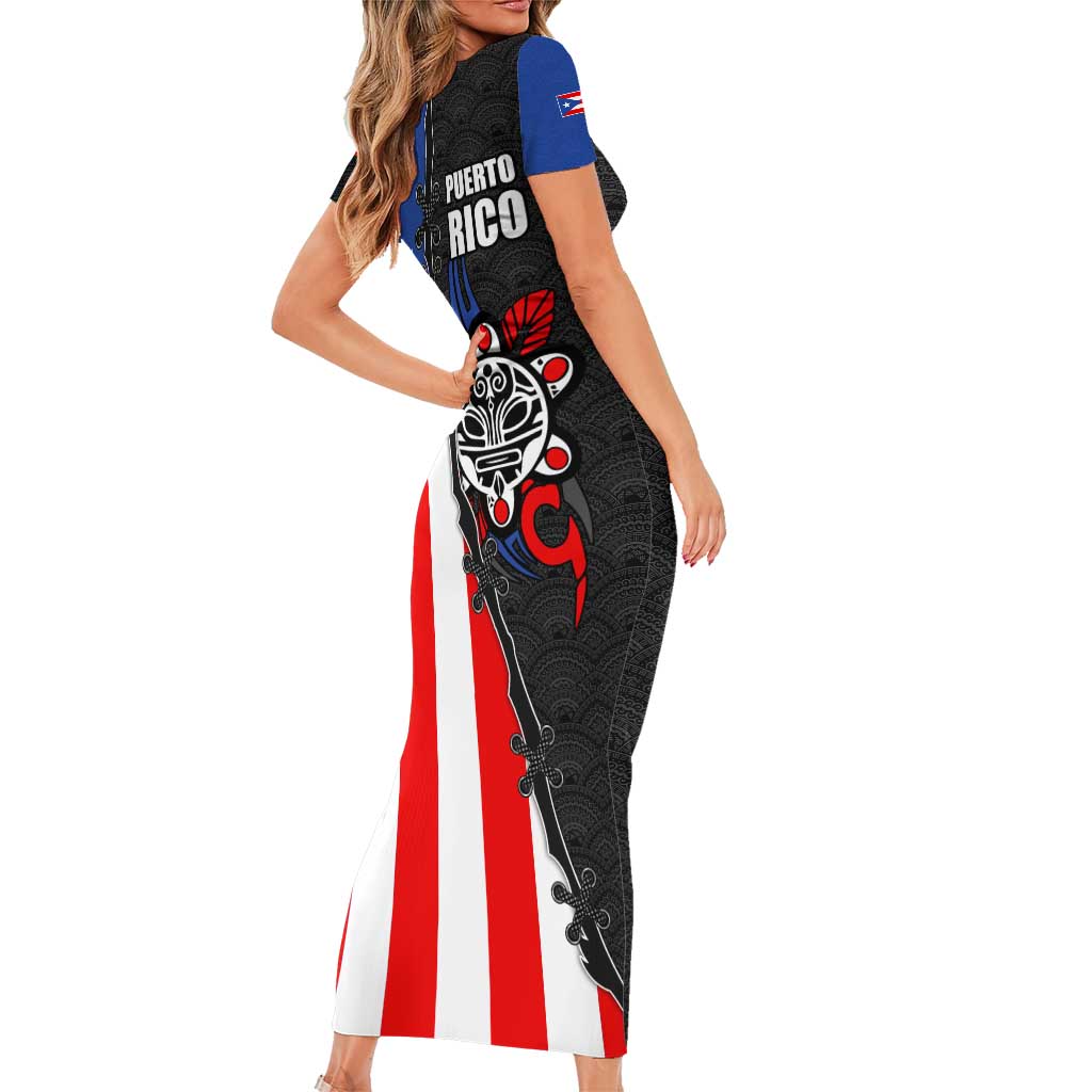 Puerto Rico Short Sleeve Bodycon Dress with Tribal Sun Symbol and Flag Color Block Design