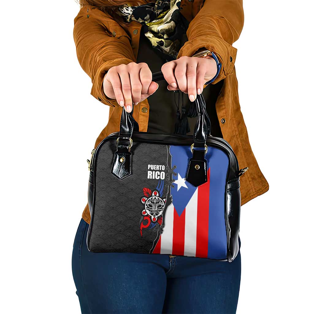 Puerto Rico Shoulder Handbag with Tribal Sun Symbol and Flag Color Block Design