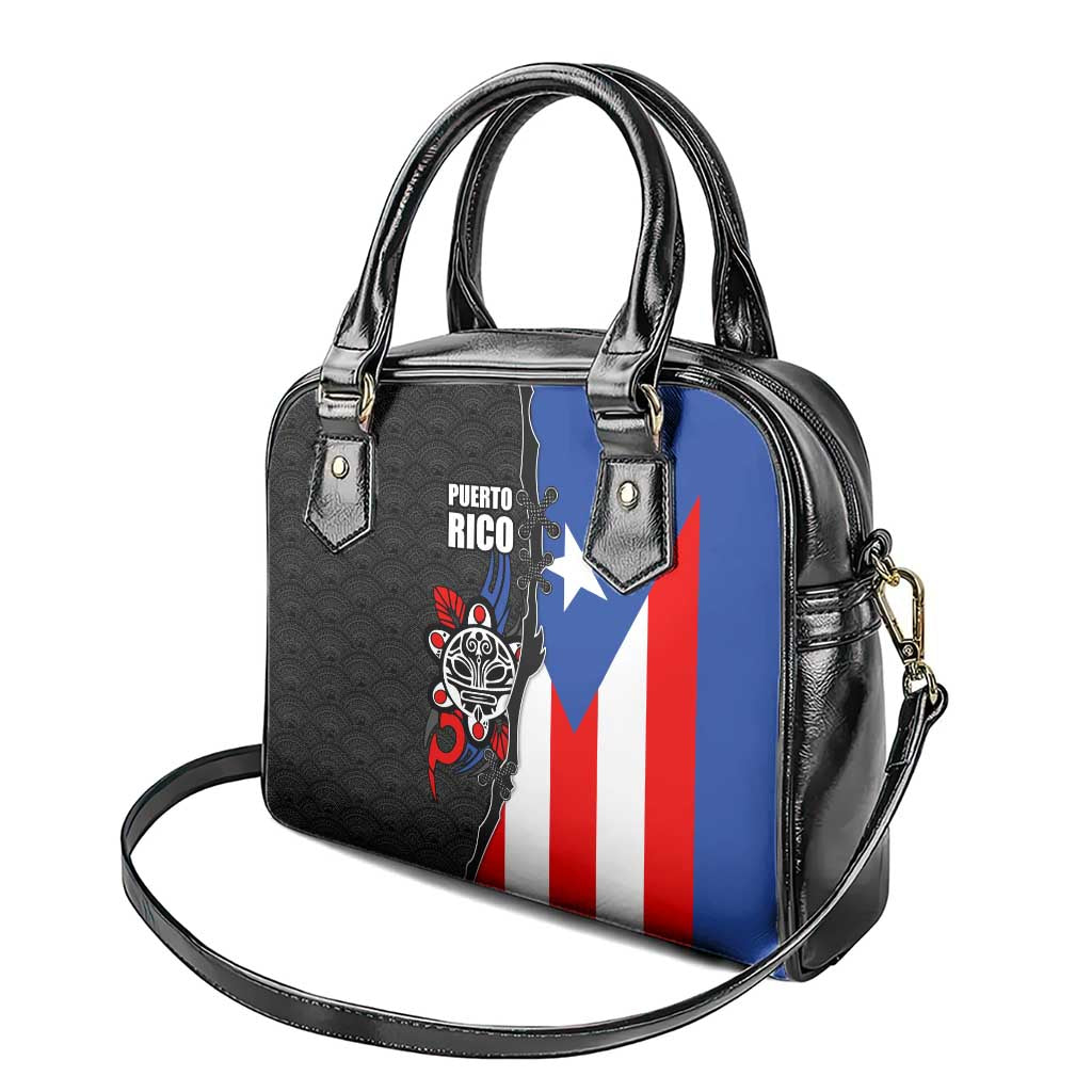 Puerto Rico Shoulder Handbag with Tribal Sun Symbol and Flag Color Block Design