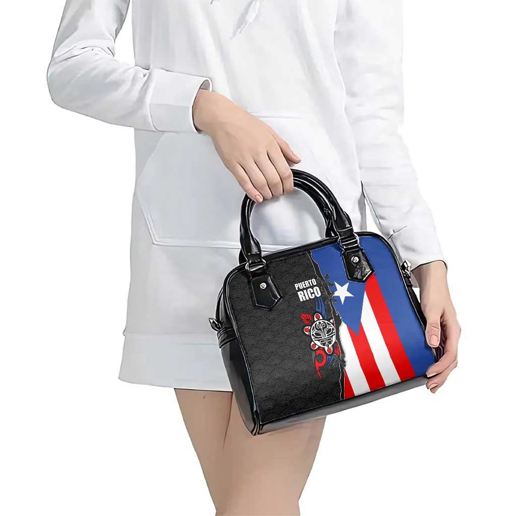 Puerto Rico Shoulder Handbag with Tribal Sun Symbol and Flag Color Block Design