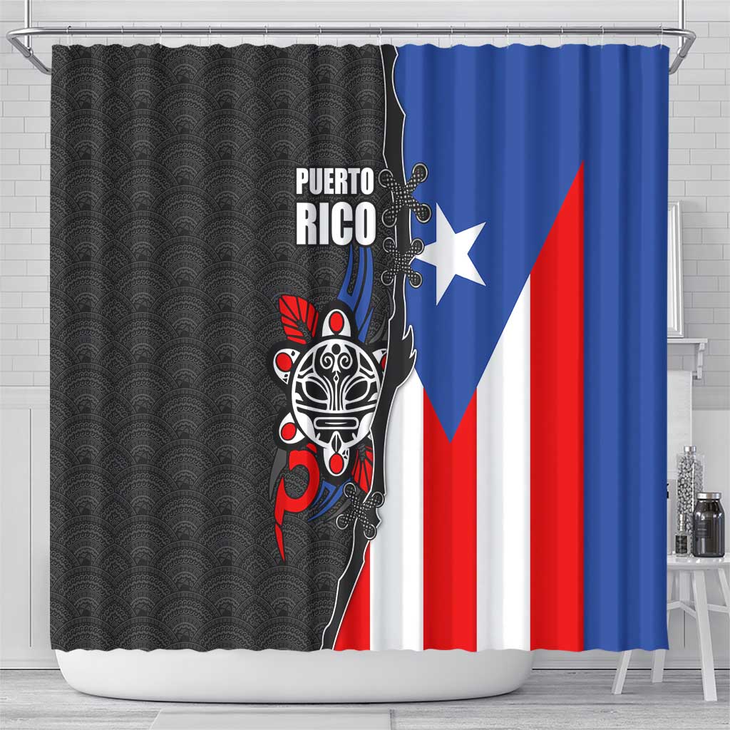 Puerto Rico Shower Curtain with Tribal Sun Symbol and Flag Color Block Design
