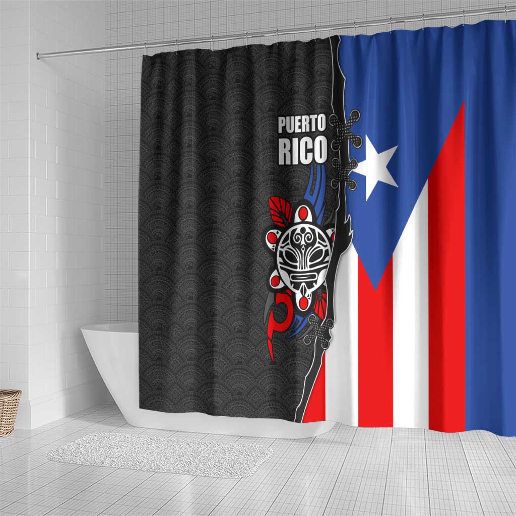 Puerto Rico Shower Curtain with Tribal Sun Symbol and Flag Color Block Design