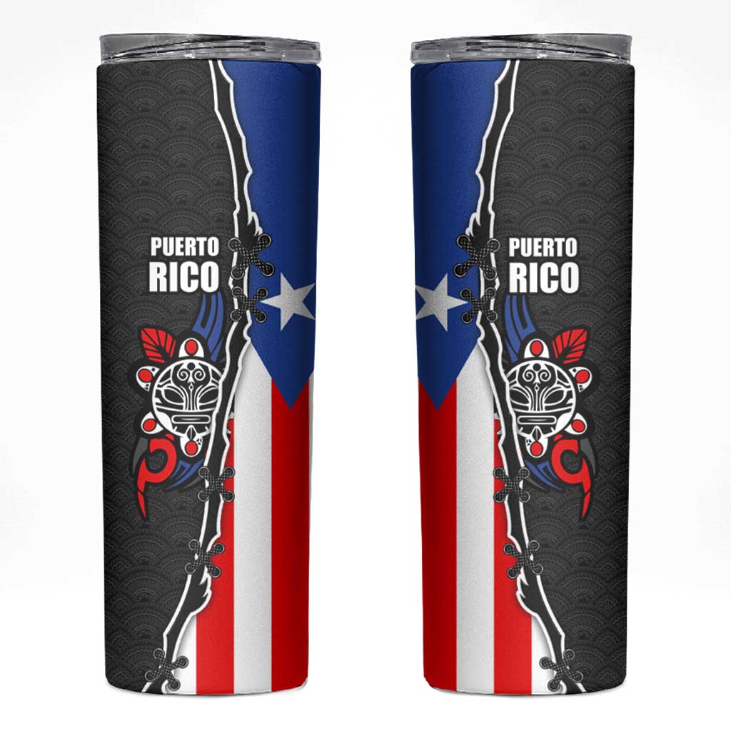 Puerto Rico Skinny Tumbler with Tribal Sun Symbol and Flag Color Block Design