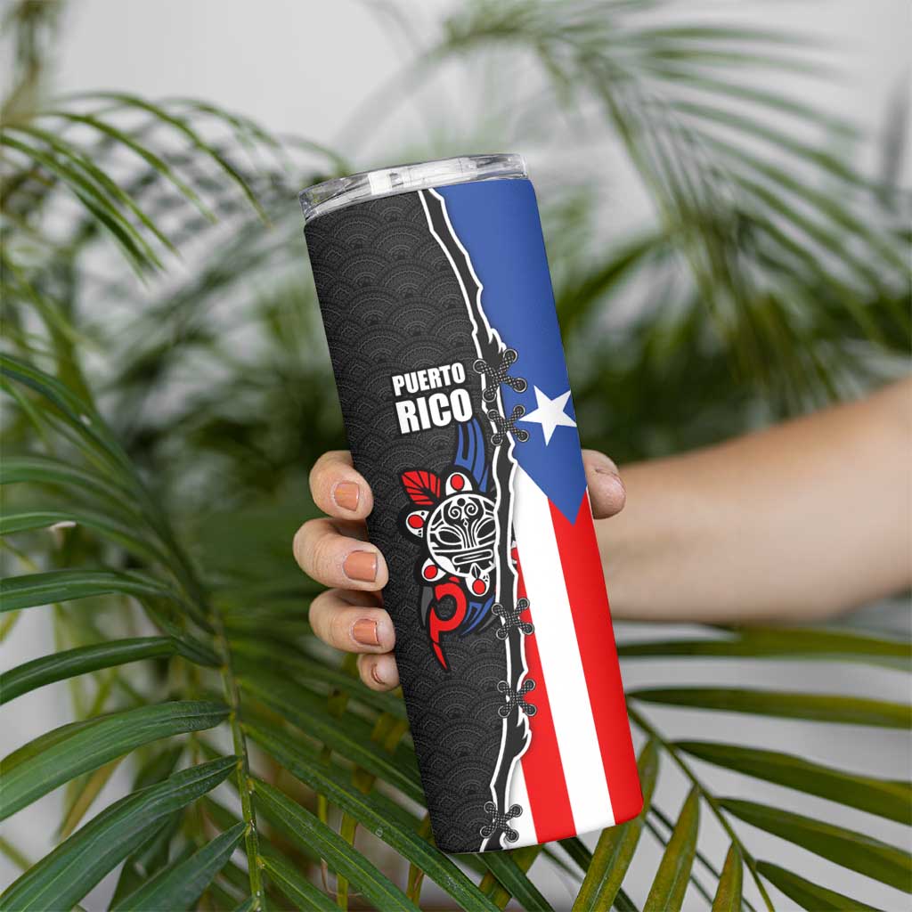 Puerto Rico Skinny Tumbler with Tribal Sun Symbol and Flag Color Block Design