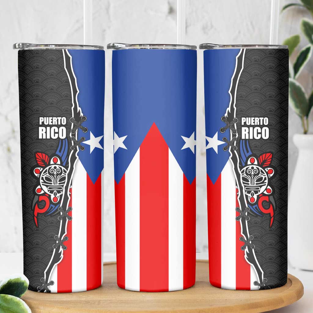 Puerto Rico Skinny Tumbler with Tribal Sun Symbol and Flag Color Block Design