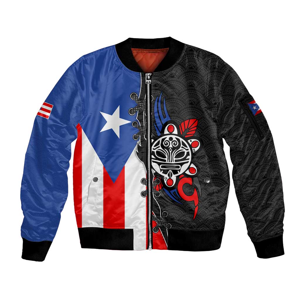 Puerto Rico Sleeve Zip Bomber Jacket with Tribal Sun Symbol and Flag Color Block Design