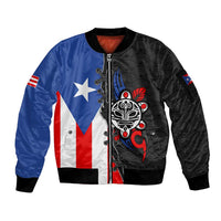 Puerto Rico Sleeve Zip Bomber Jacket with Tribal Sun Symbol and Flag Color Block Design