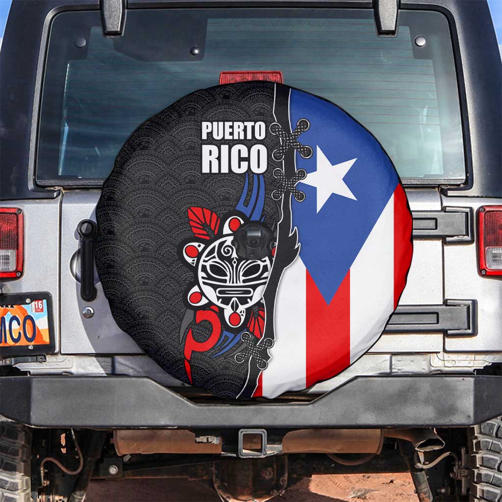 Puerto Rico Spare Tire Cover with Tribal Sun Symbol and Flag Color Block Design