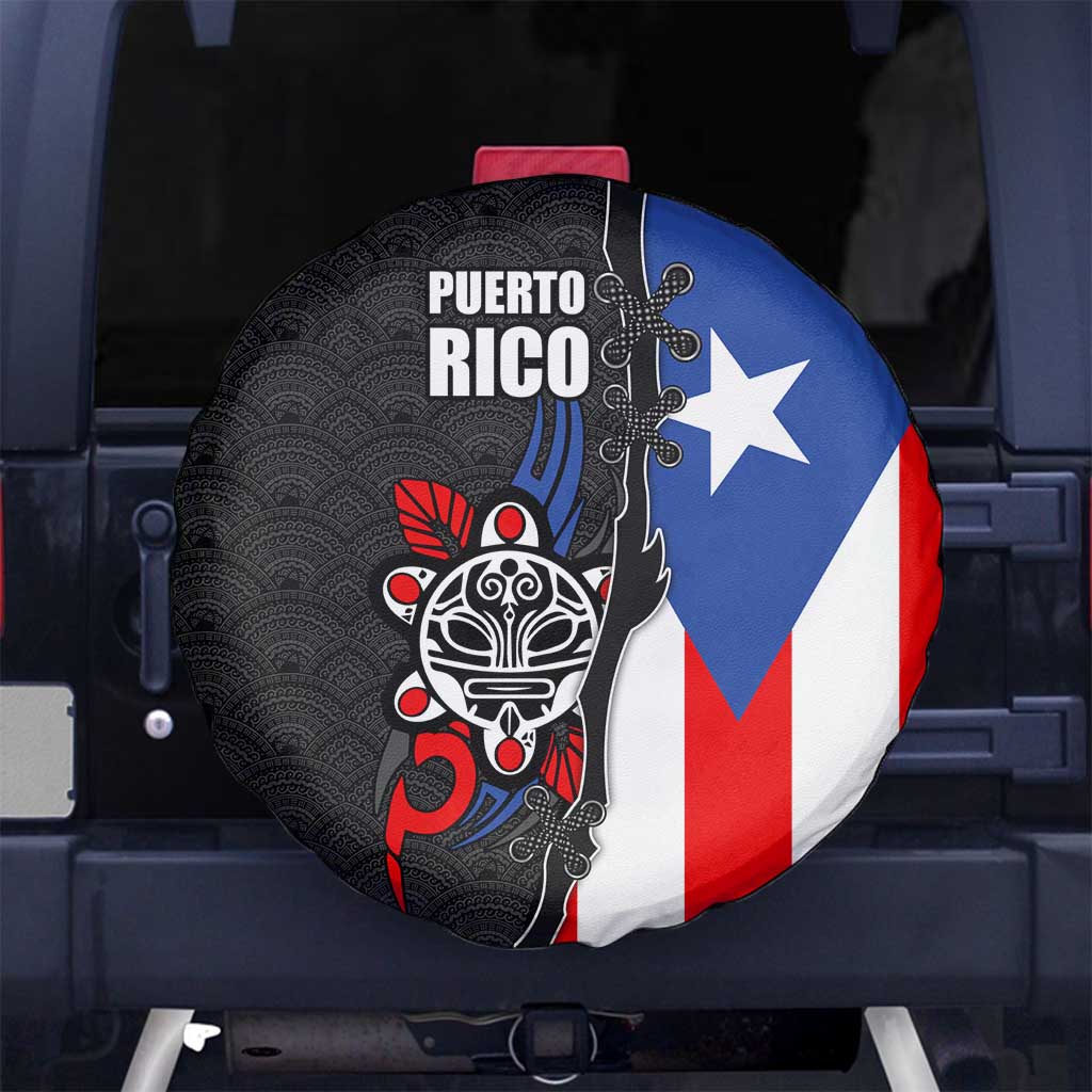 Puerto Rico Spare Tire Cover with Tribal Sun Symbol and Flag Color Block Design