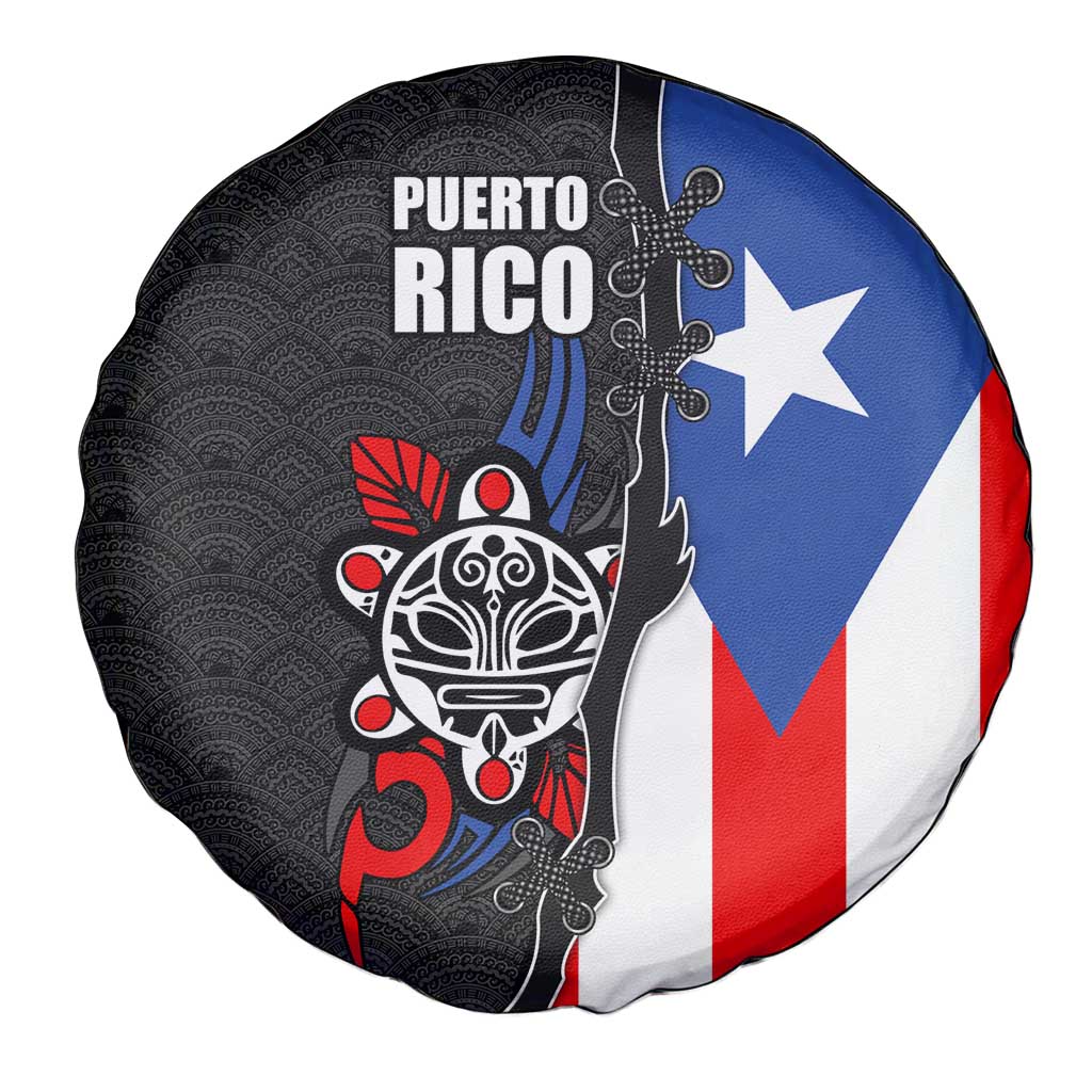 Puerto Rico Spare Tire Cover with Tribal Sun Symbol and Flag Color Block Design