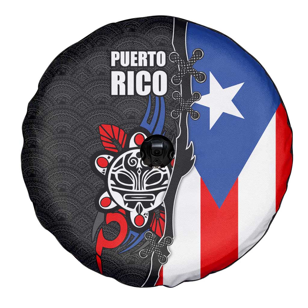 Puerto Rico Spare Tire Cover with Tribal Sun Symbol and Flag Color Block Design