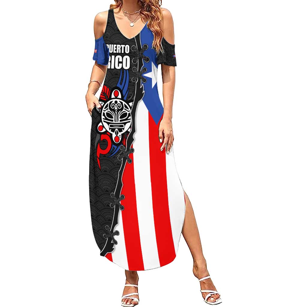 Puerto Rico Summer Maxi Dress with Tribal Sun Symbol and Flag Color Block Design