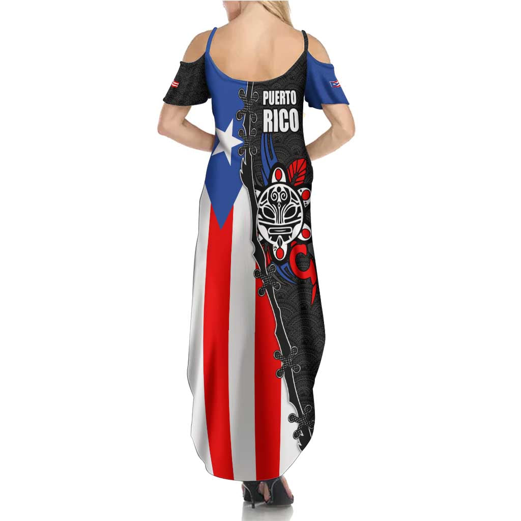 Puerto Rico Summer Maxi Dress with Tribal Sun Symbol and Flag Color Block Design