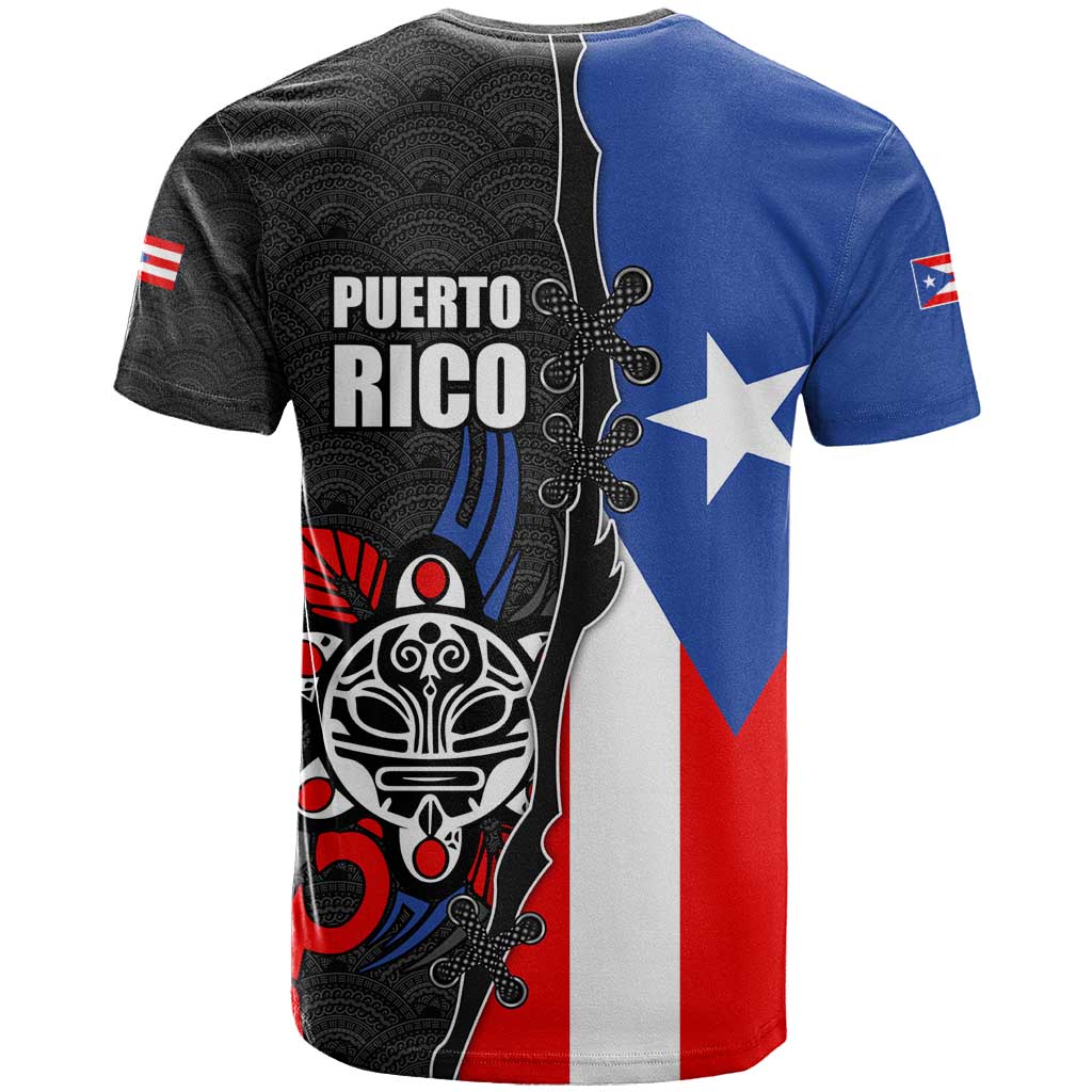 Puerto Rico T Shirt with Tribal Sun Symbol and Flag Color Block Design