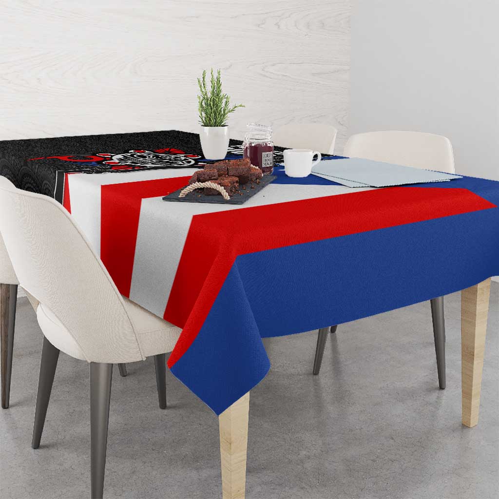 Puerto Rico Tablecloth with Tribal Sun Symbol and Flag Color Block Design