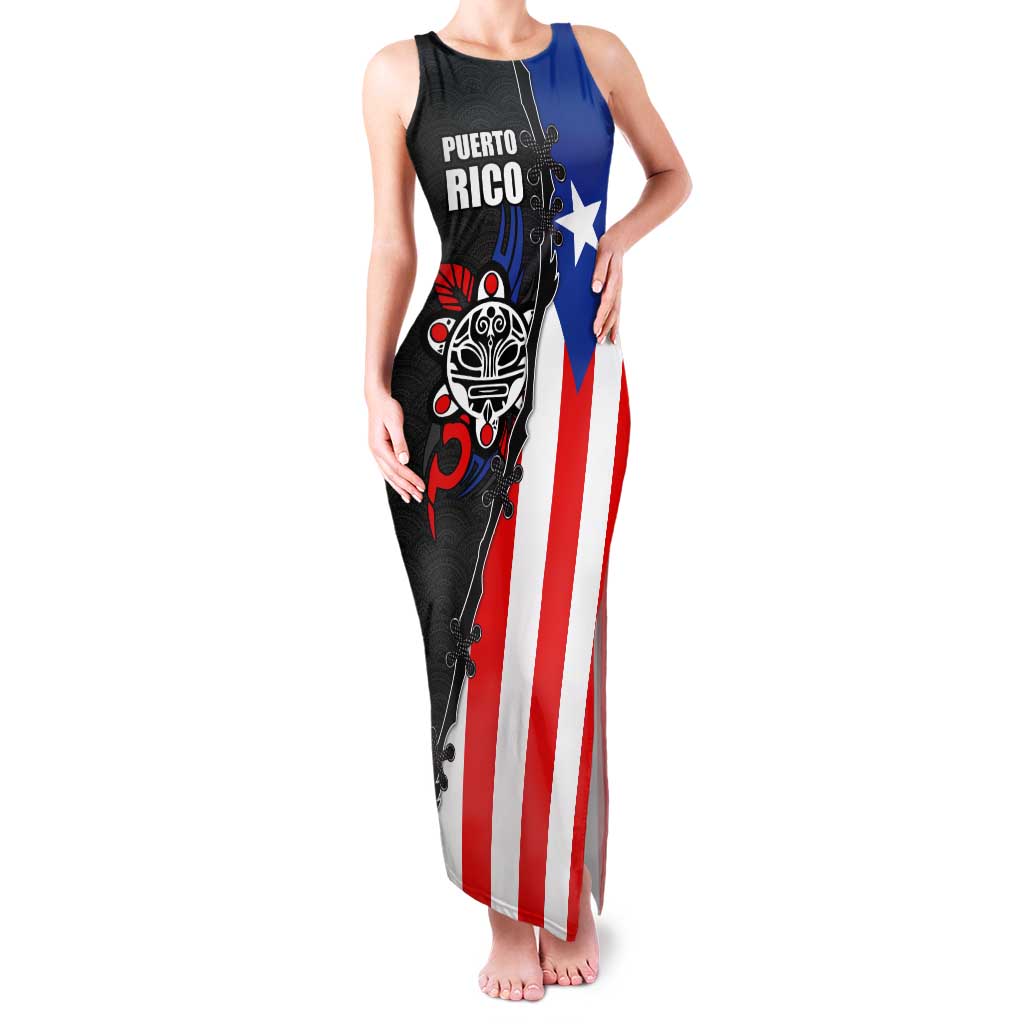 Puerto Rico Tank Maxi Dress with Tribal Sun Symbol and Flag Color Block Design