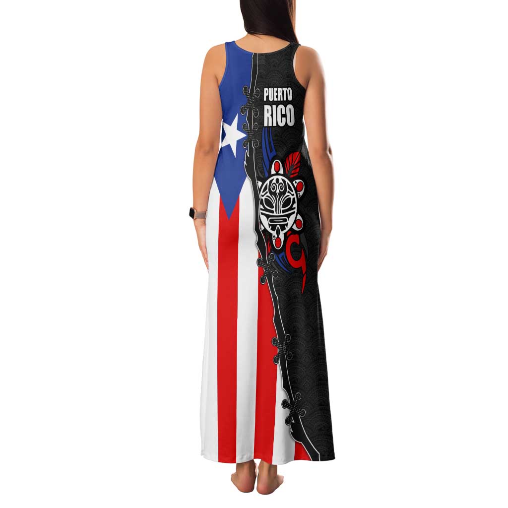 Puerto Rico Tank Maxi Dress with Tribal Sun Symbol and Flag Color Block Design