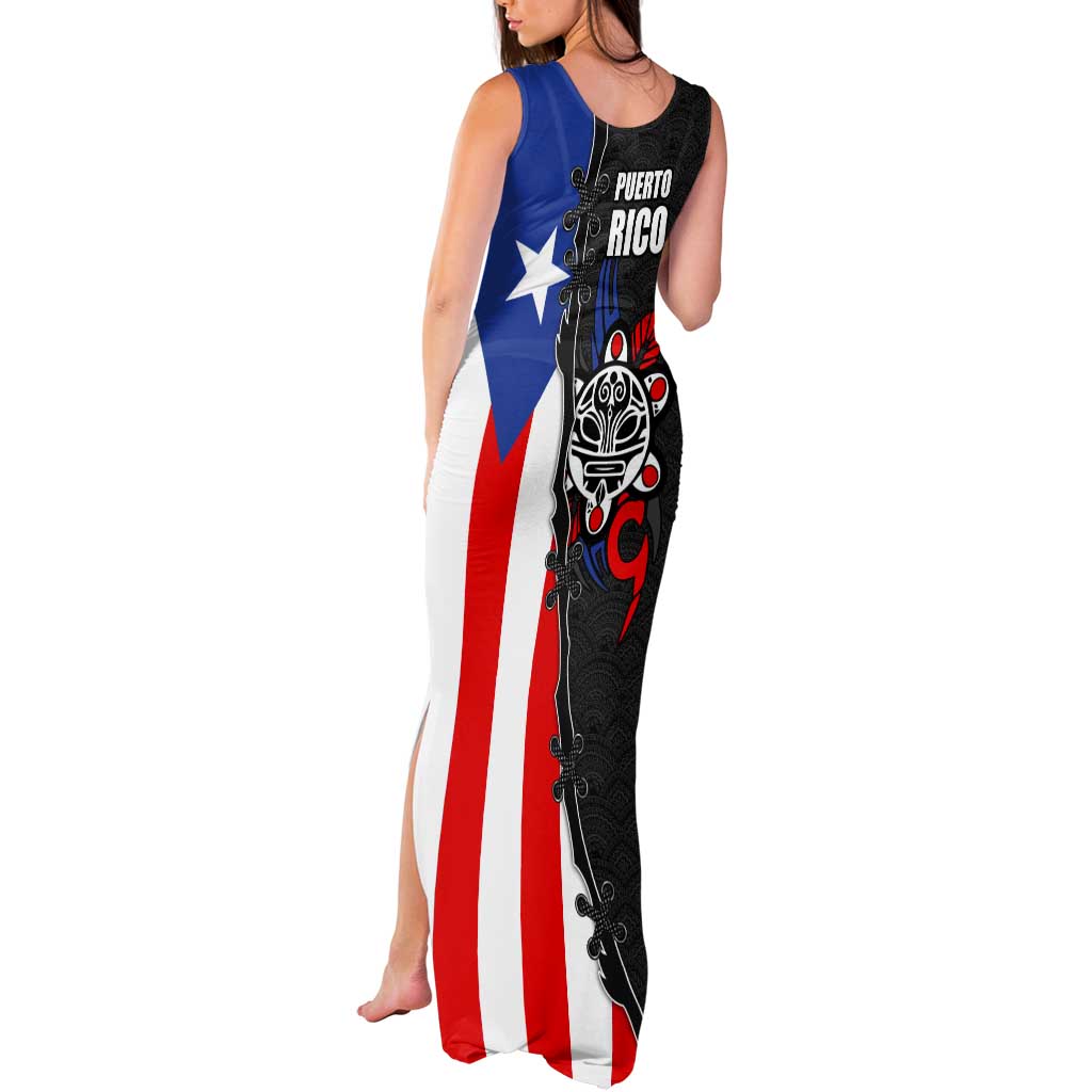 Puerto Rico Tank Maxi Dress with Tribal Sun Symbol and Flag Color Block Design