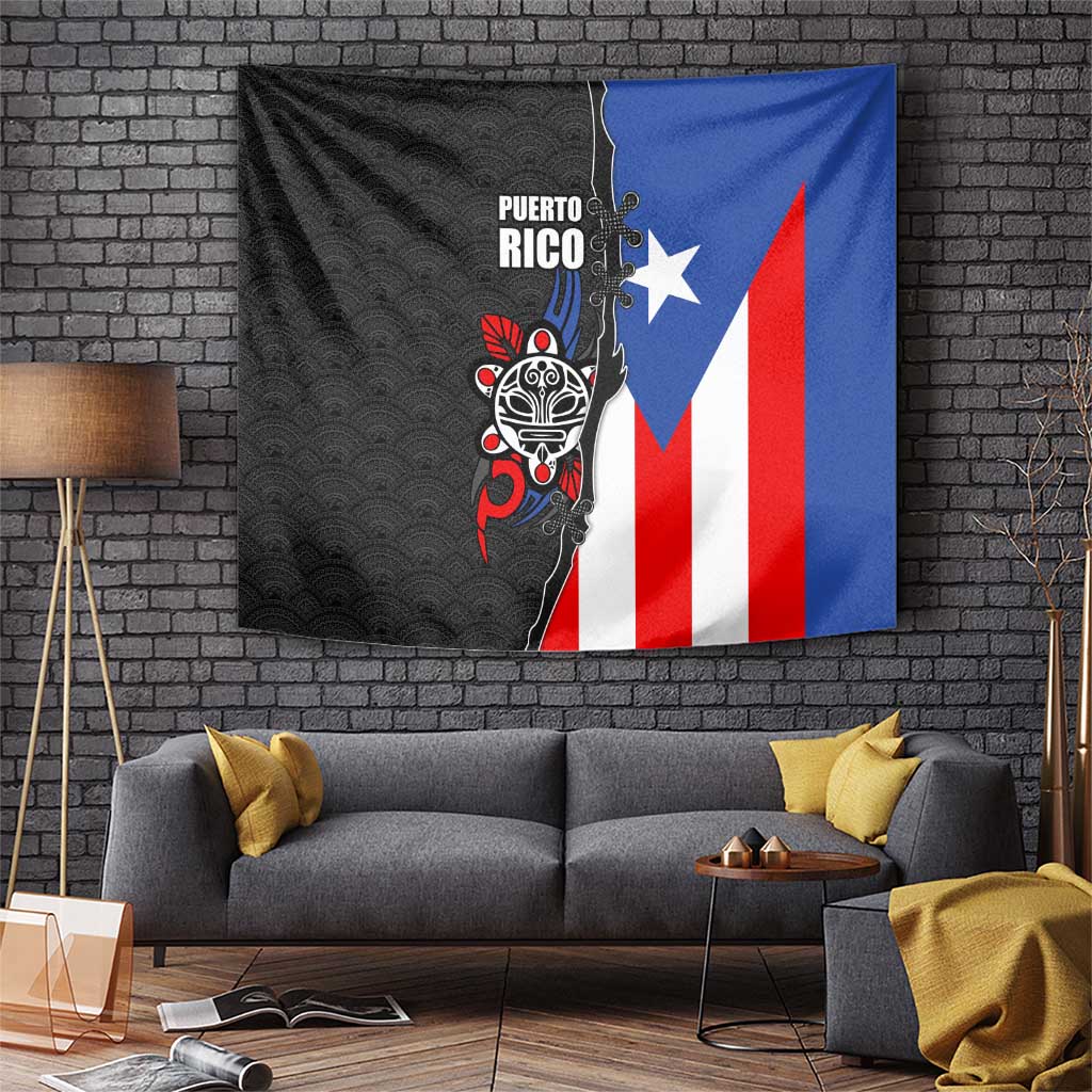 Puerto Rico Tapestry with Tribal Sun Symbol and Flag Color Block Design