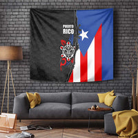 Puerto Rico Tapestry with Tribal Sun Symbol and Flag Color Block Design
