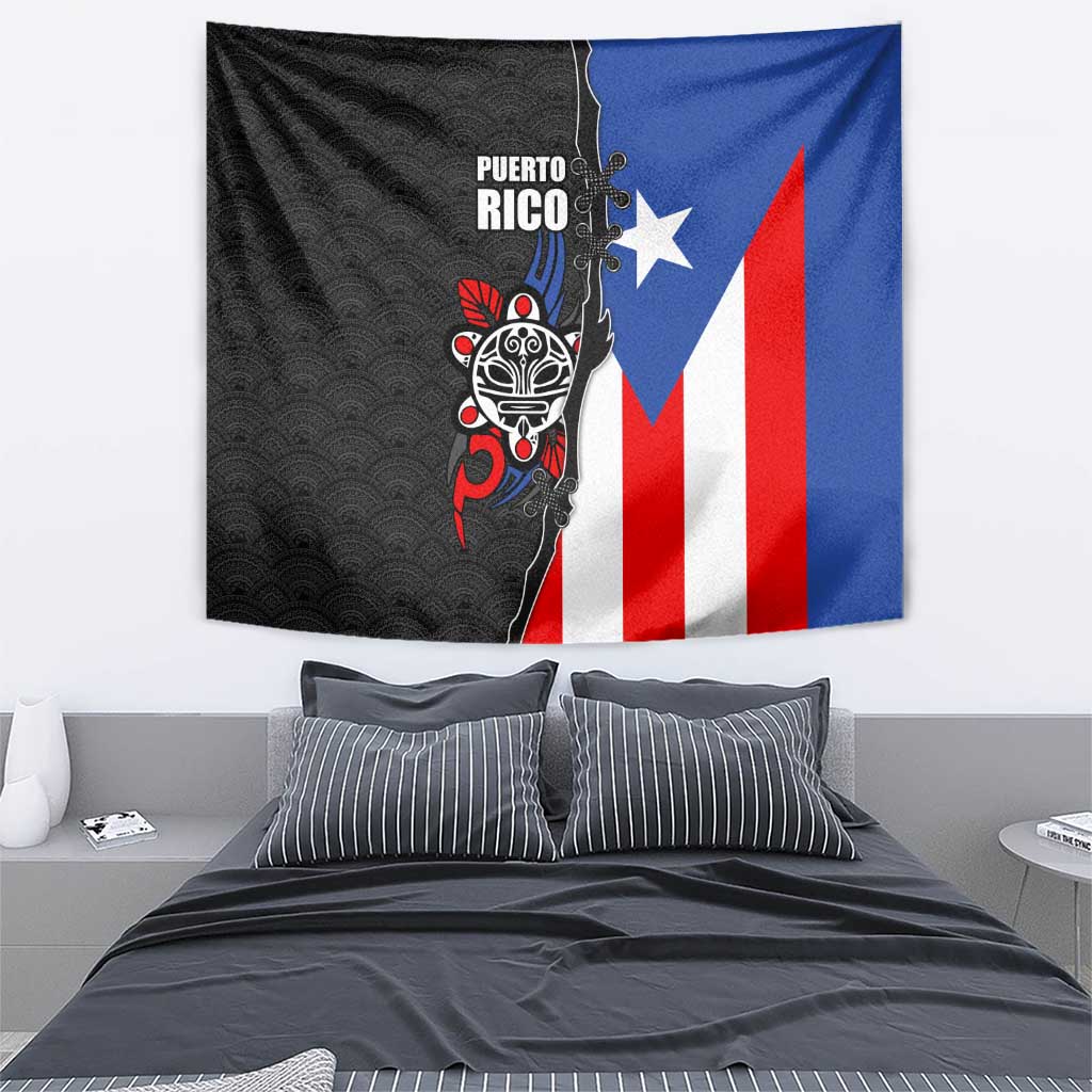 Puerto Rico Tapestry with Tribal Sun Symbol and Flag Color Block Design