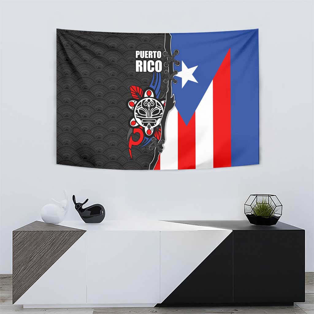 Puerto Rico Tapestry with Tribal Sun Symbol and Flag Color Block Design