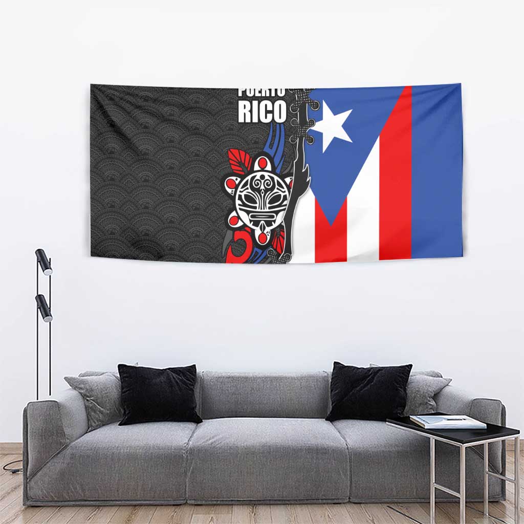 Puerto Rico Tapestry with Tribal Sun Symbol and Flag Color Block Design
