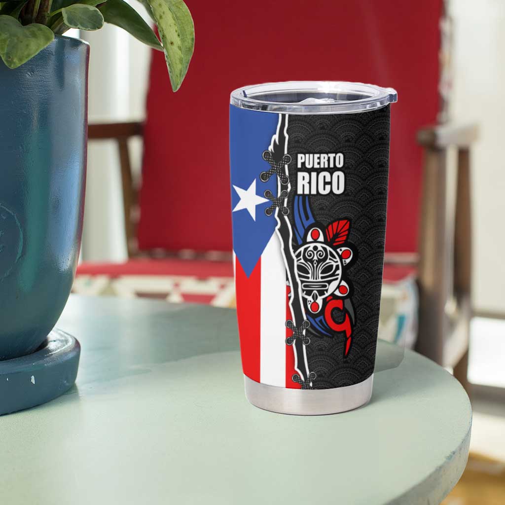 Puerto Rico Tumbler Cup with Tribal Sun Symbol and Flag Color Block Design
