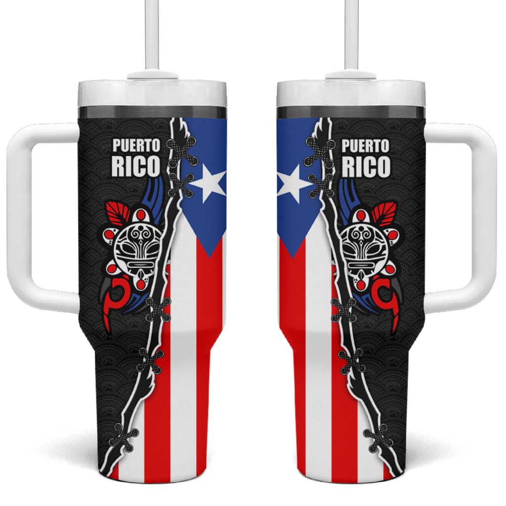 Puerto Rico Tumbler With Handle with Tribal Sun Symbol and Flag Color Block Design