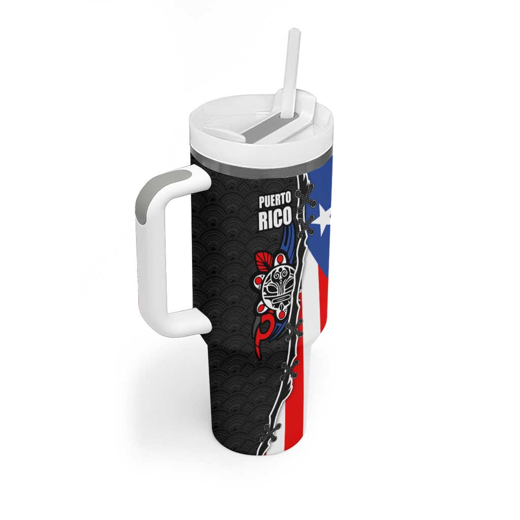 Puerto Rico Tumbler With Handle with Tribal Sun Symbol and Flag Color Block Design
