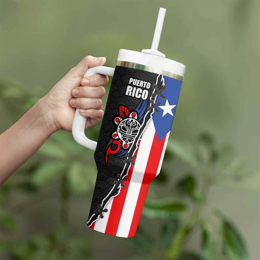 Puerto Rico Tumbler With Handle with Tribal Sun Symbol and Flag Color Block Design