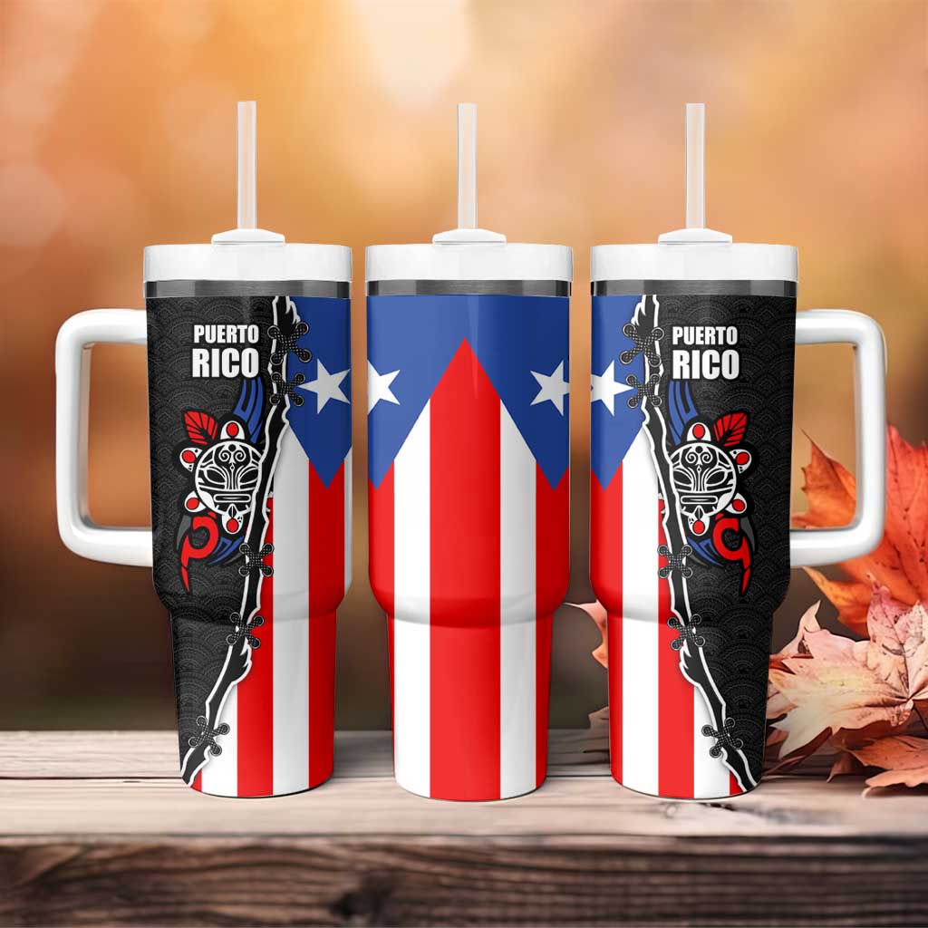 Puerto Rico Tumbler With Handle with Tribal Sun Symbol and Flag Color Block Design
