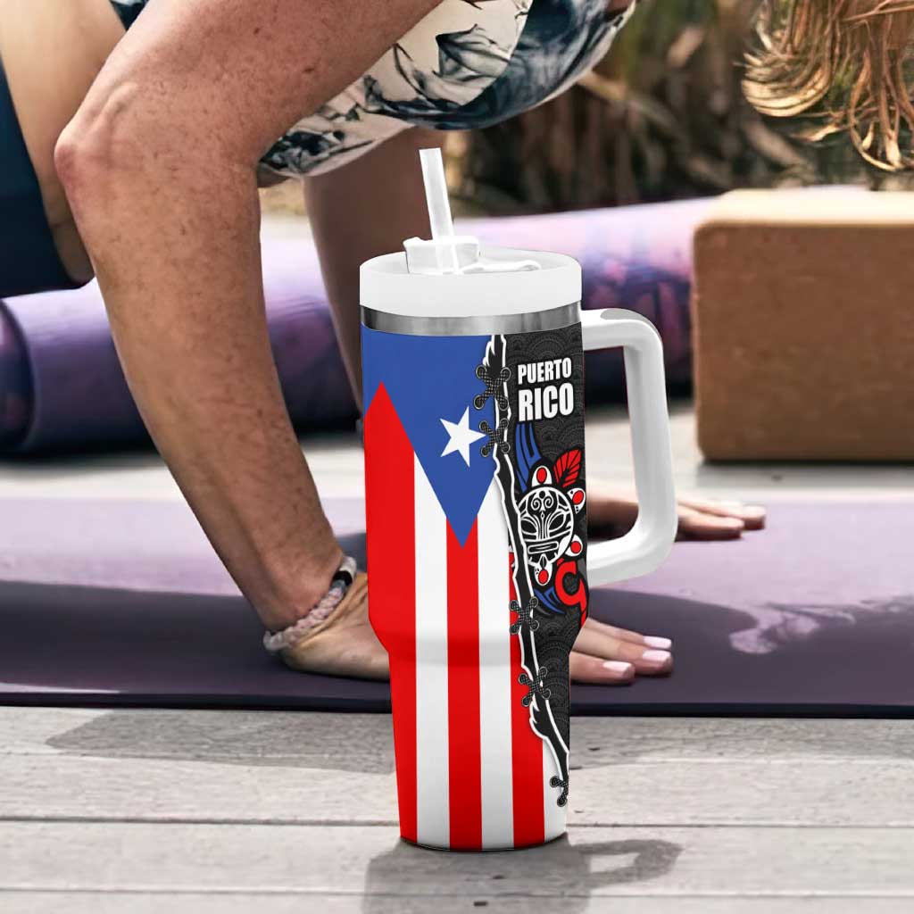 Puerto Rico Tumbler With Handle with Tribal Sun Symbol and Flag Color Block Design