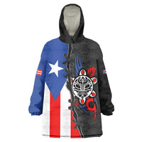 Puerto Rico Wearable Blanket Hoodie with Tribal Sun Symbol and Flag Color Block Design