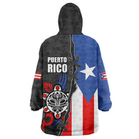 Puerto Rico Wearable Blanket Hoodie with Tribal Sun Symbol and Flag Color Block Design