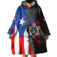 Puerto Rico Wearable Blanket Hoodie with Tribal Sun Symbol and Flag Color Block Design