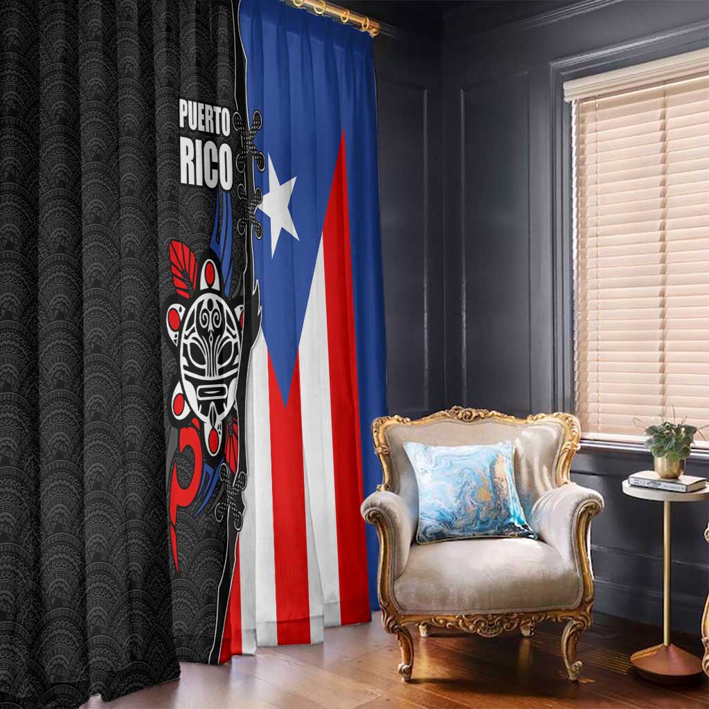 Puerto Rico Window Curtain with Tribal Sun Symbol and Flag Color Block Design