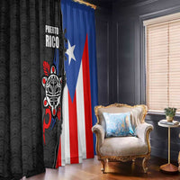 Puerto Rico Window Curtain with Tribal Sun Symbol and Flag Color Block Design
