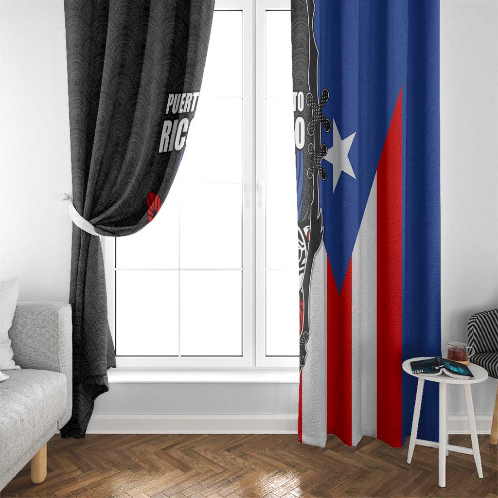 Puerto Rico Window Curtain with Tribal Sun Symbol and Flag Color Block Design