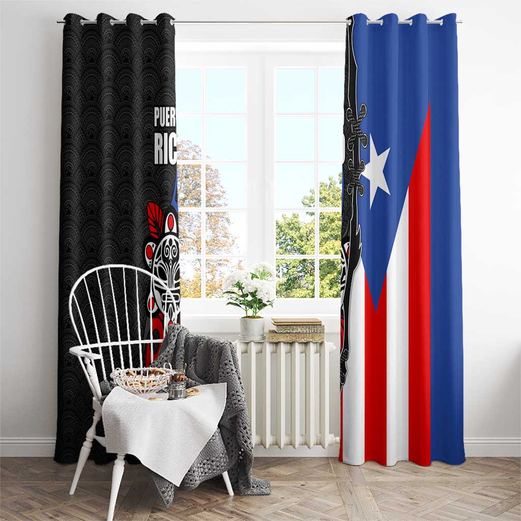 Puerto Rico Window Curtain with Tribal Sun Symbol and Flag Color Block Design