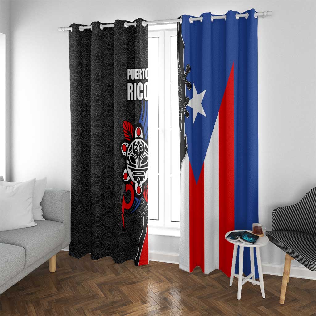 Puerto Rico Window Curtain with Tribal Sun Symbol and Flag Color Block Design